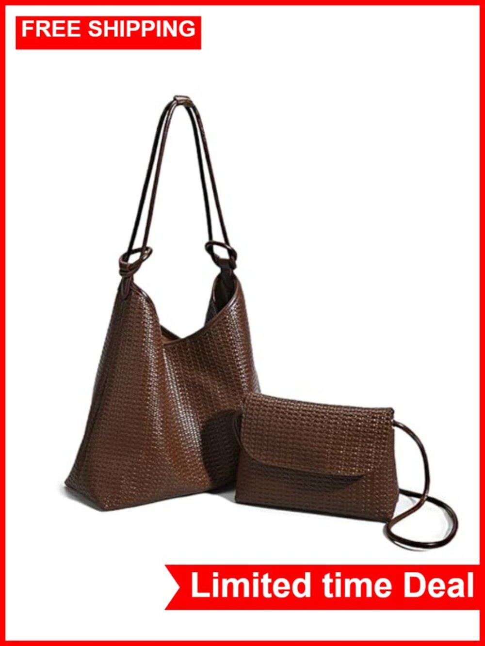 2-Piece Woven Texture Hobo Bag Set Vegan Leather Tote & Clutch Large Capacity